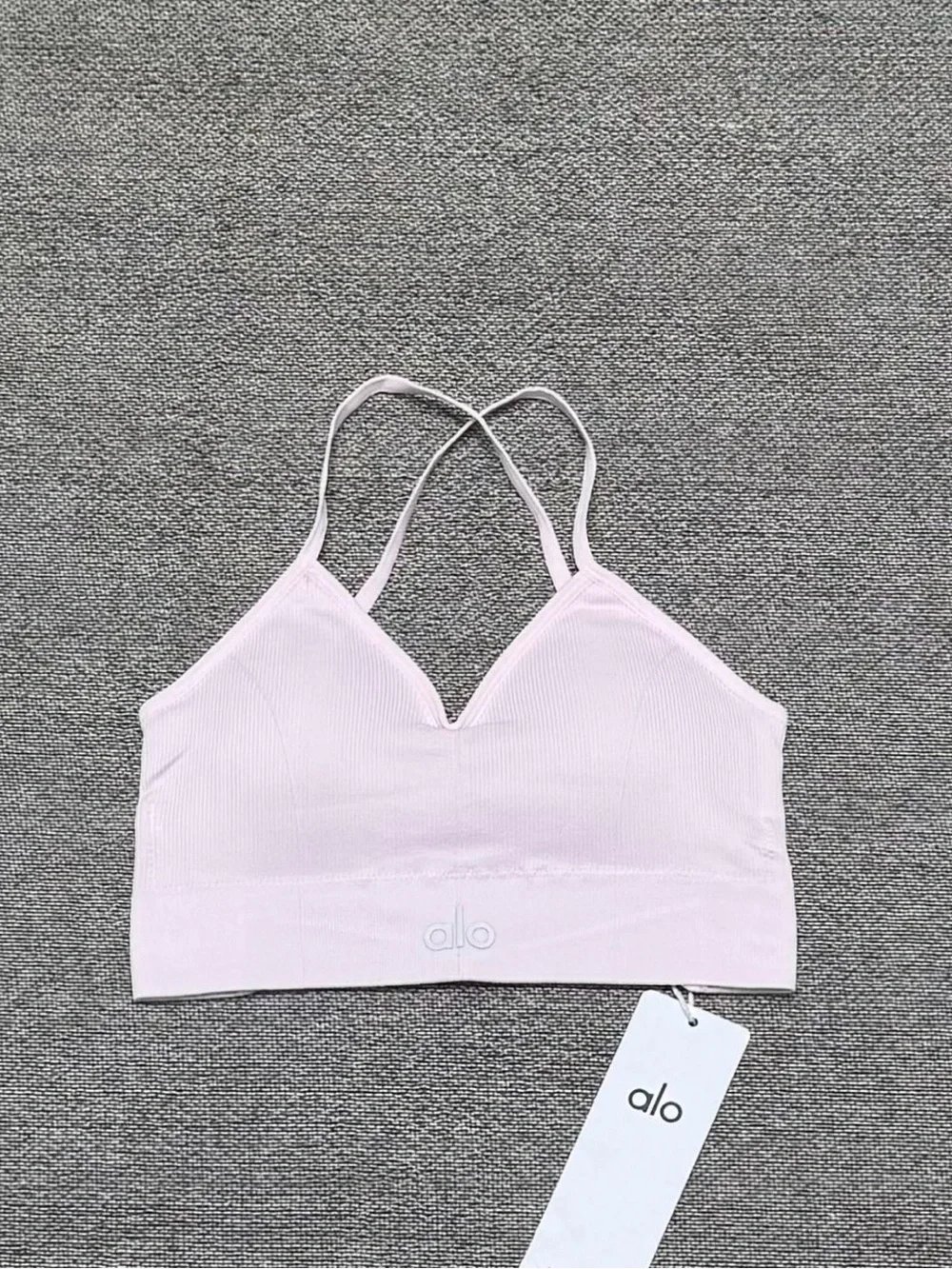 ALO Yoga Light Pink Ribbed Bralette & High-Waist Bike Shorts Set - Picture 3 of 6